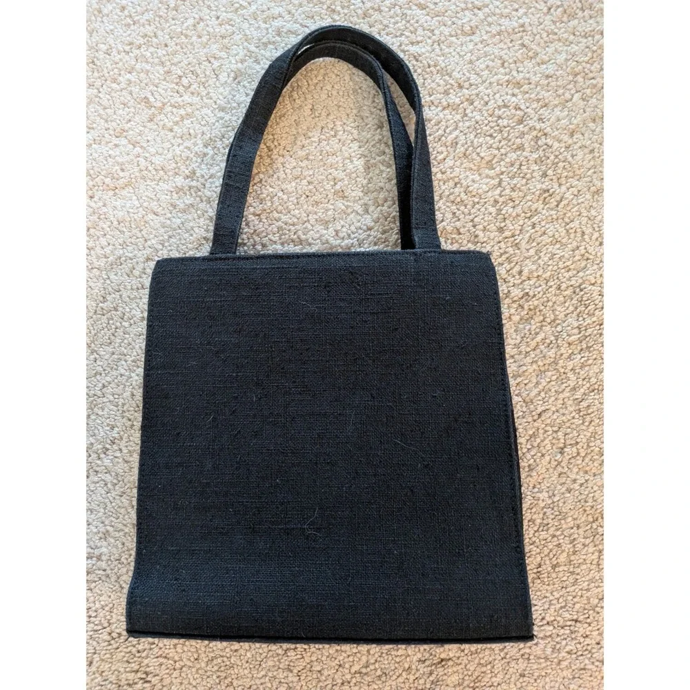 Guess Vintage Embroidered‎ Floral Mini Tote Bag Black Woven Linen Canvas Y2K